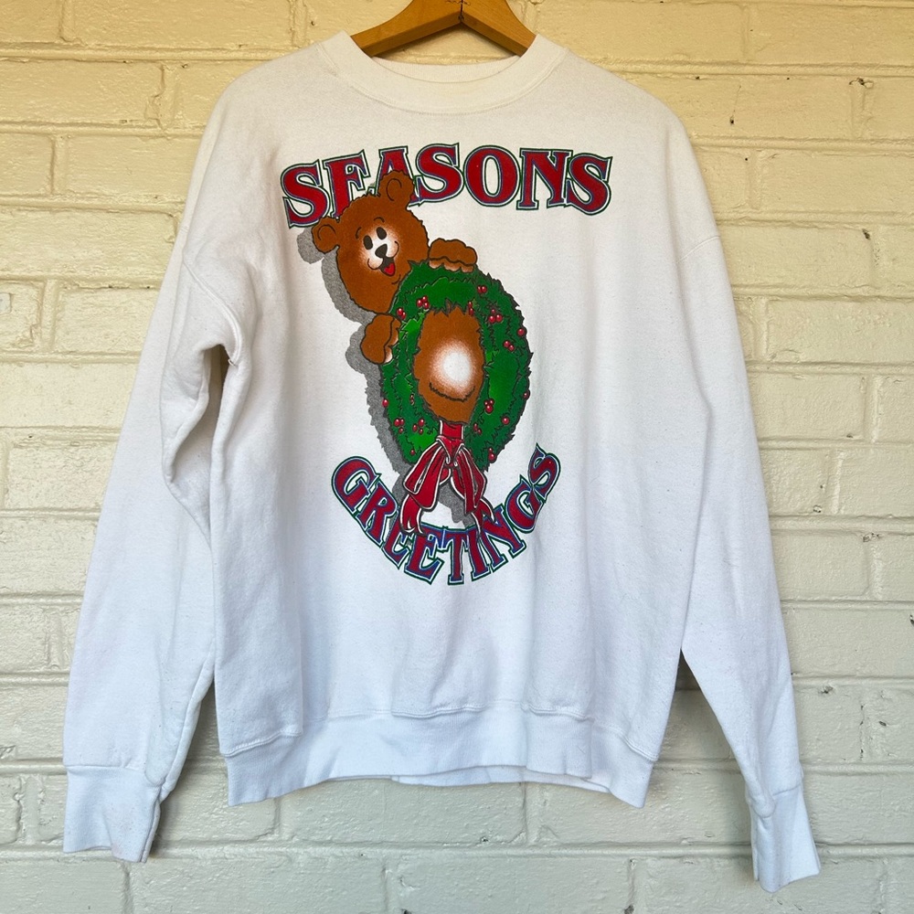 90s Seasons Greetings Teddy Bear Holiday Pullover Sweatshirt
